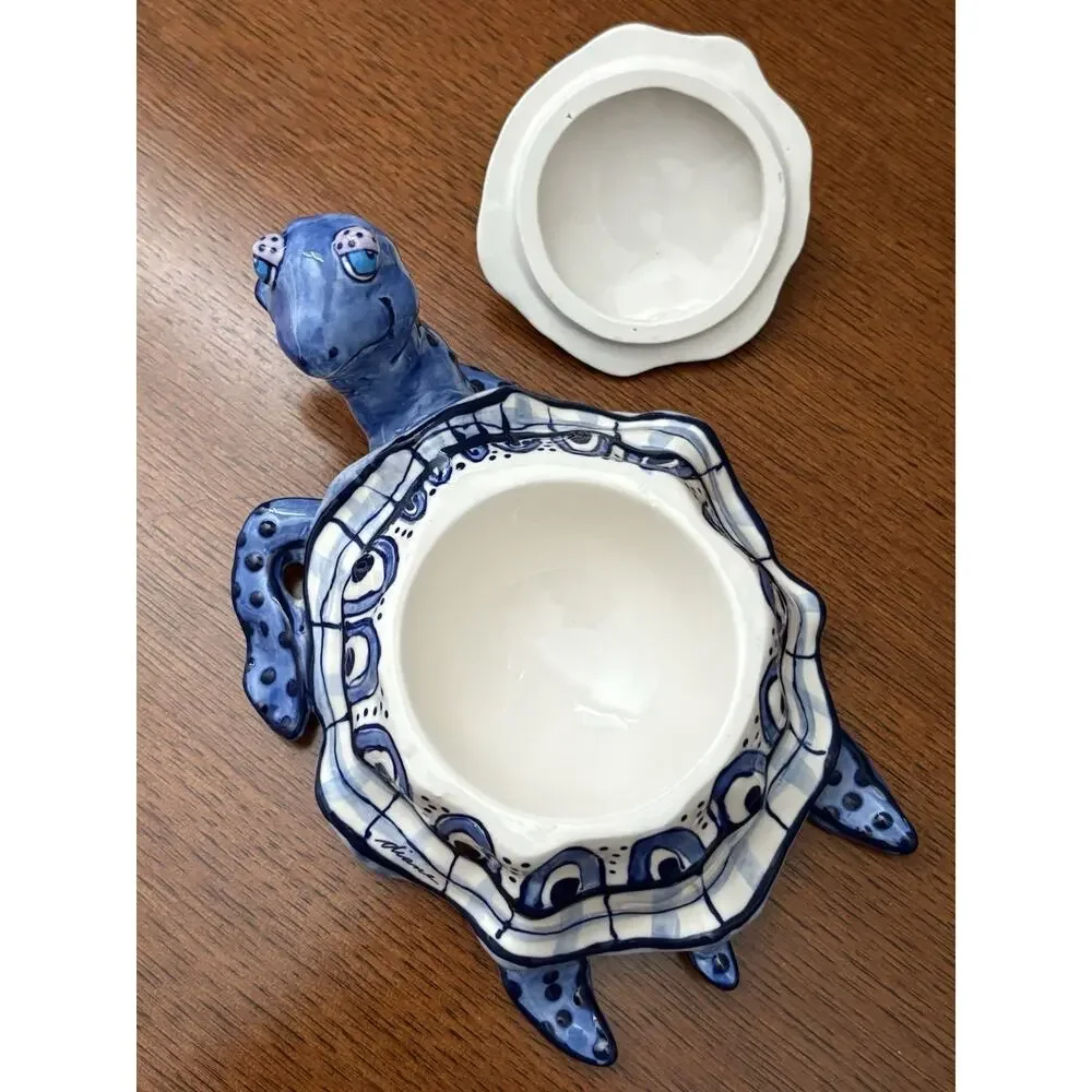 Diane Allen Blue White Turtle Lidded Stoneware Dish Decorative Art 2002